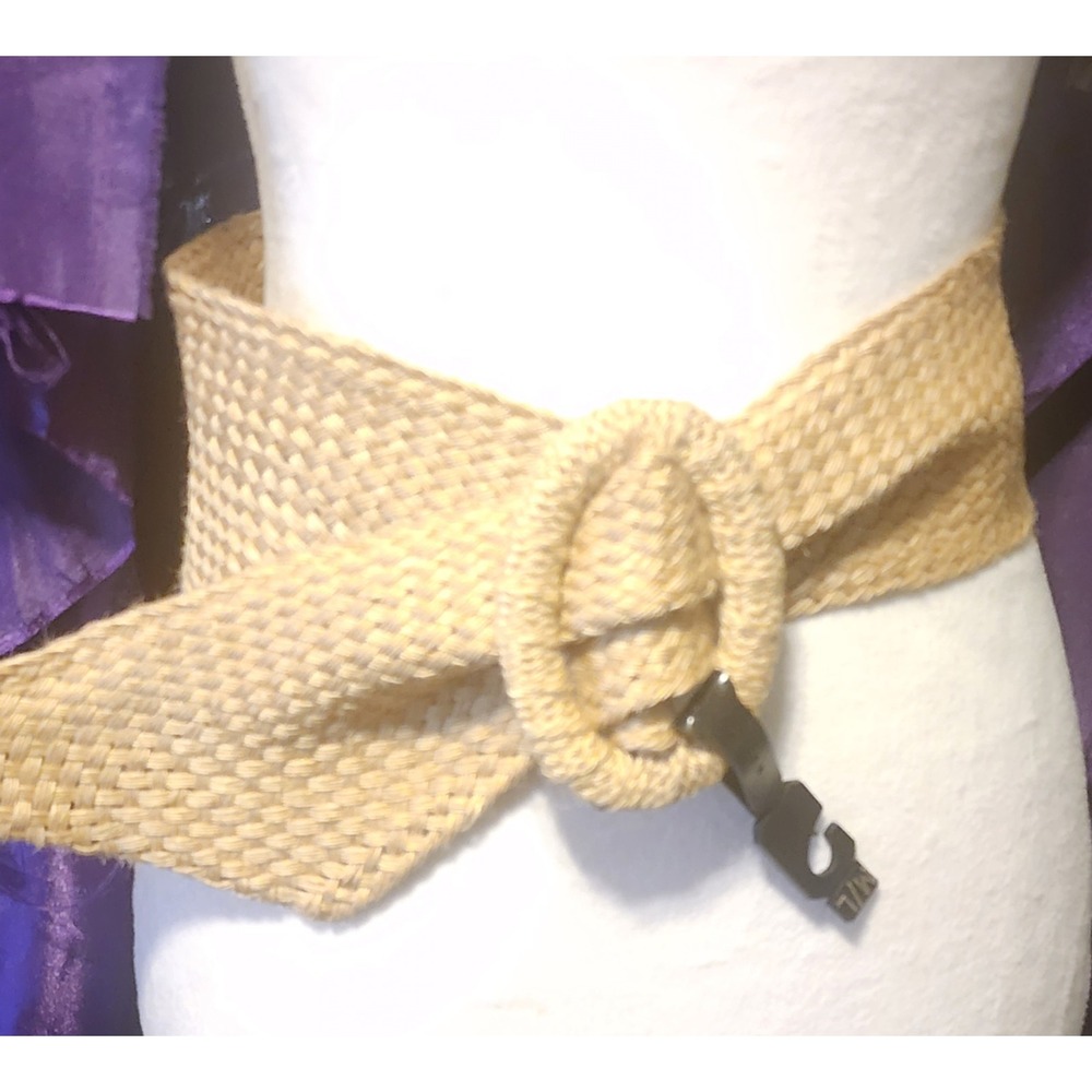 Vintage Woven Wide Cinch Belt Tan Beige Straw Style Oval Buckle Size M/L